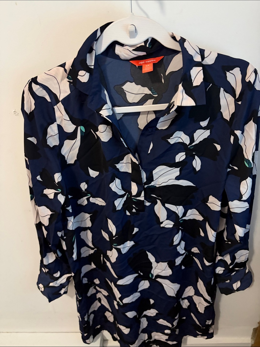 Joe Fresh Navy Floral Button-Down Tunic with White and Black Accents
